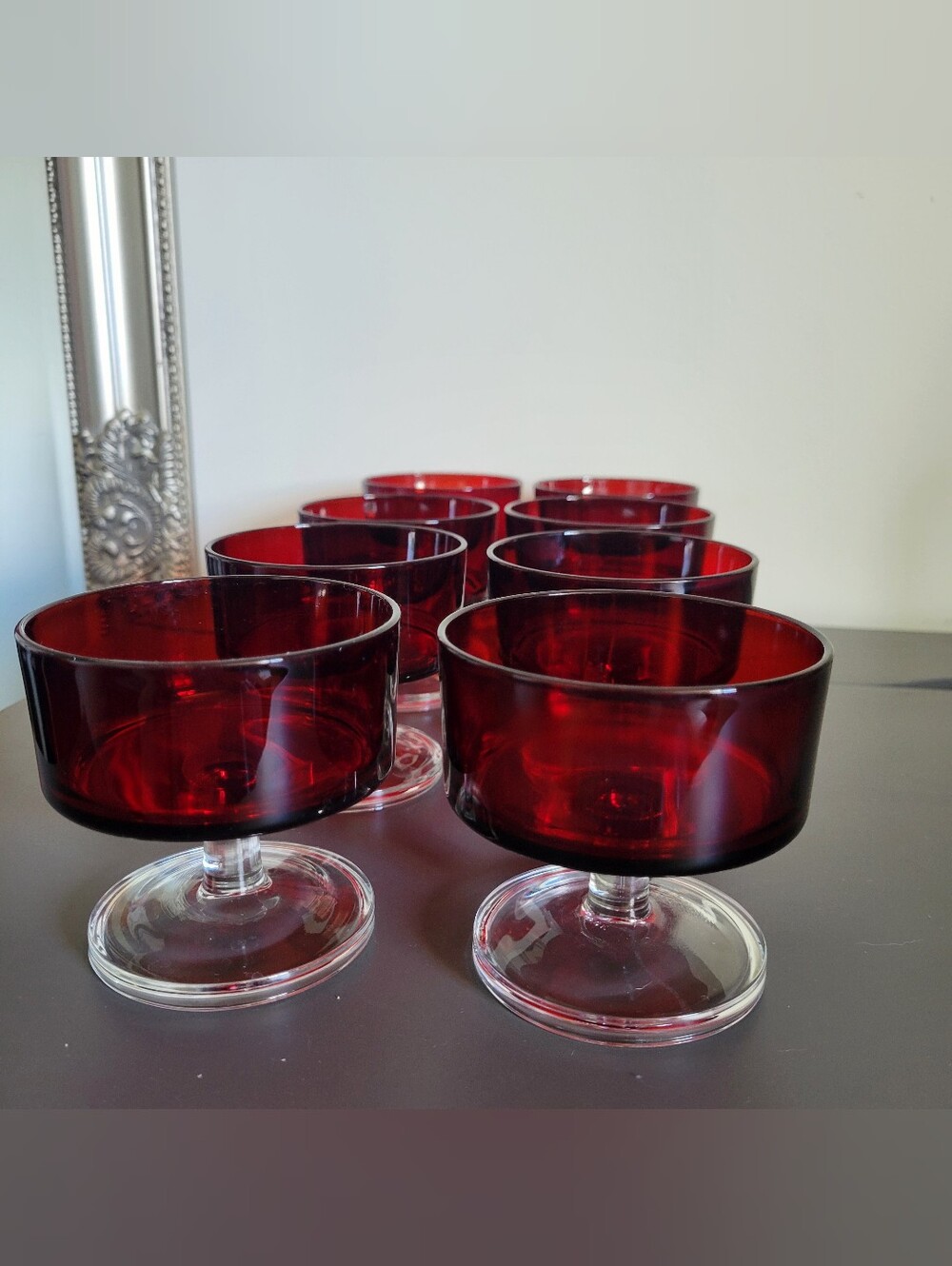 Vintage Luminarc France Ruby Red Cavalier Champagne Coup Glasses 1960s